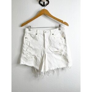 American Eagle White Distressed High Waisted Denim Mom Shorts Size 8 Frayed Hem